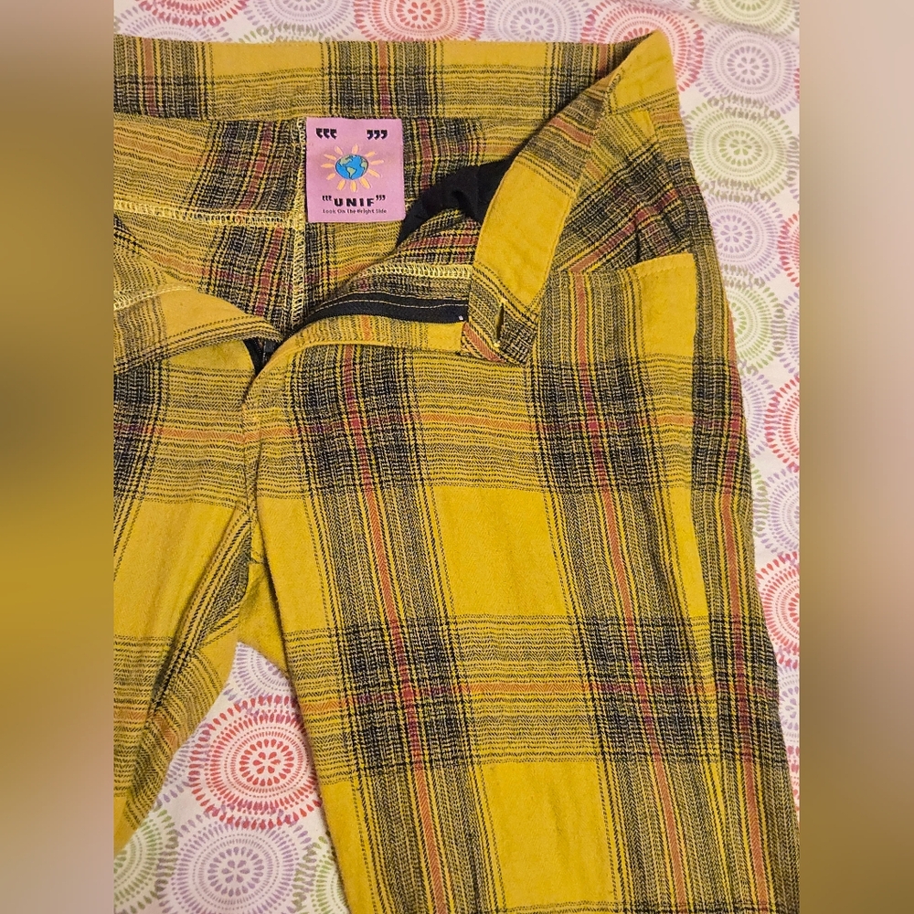 Vintage UNIF Plaid Pants - Colorful Yellow Plaid - Flare Buttons - Y2K - Size 27